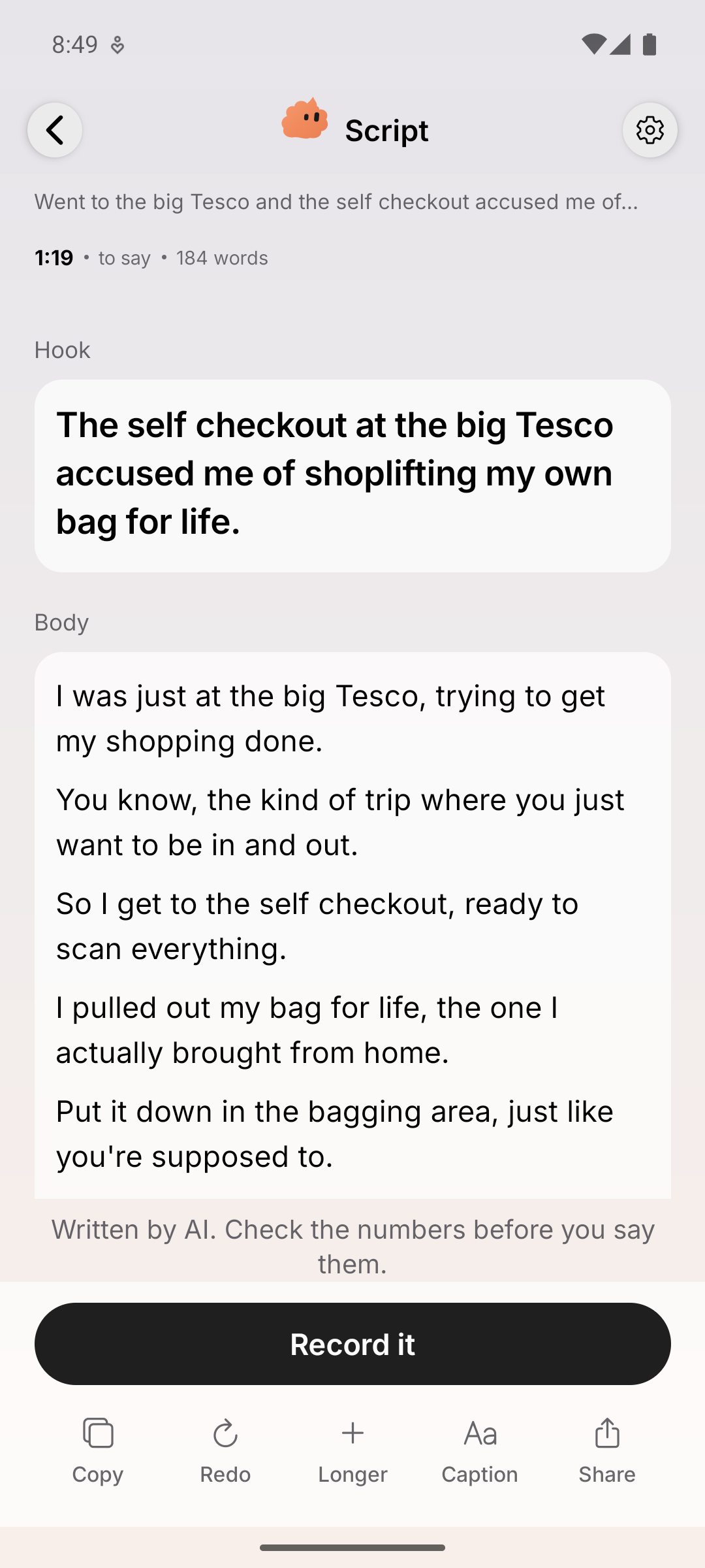 Actual Talqr app showing a personal story shaped into a script